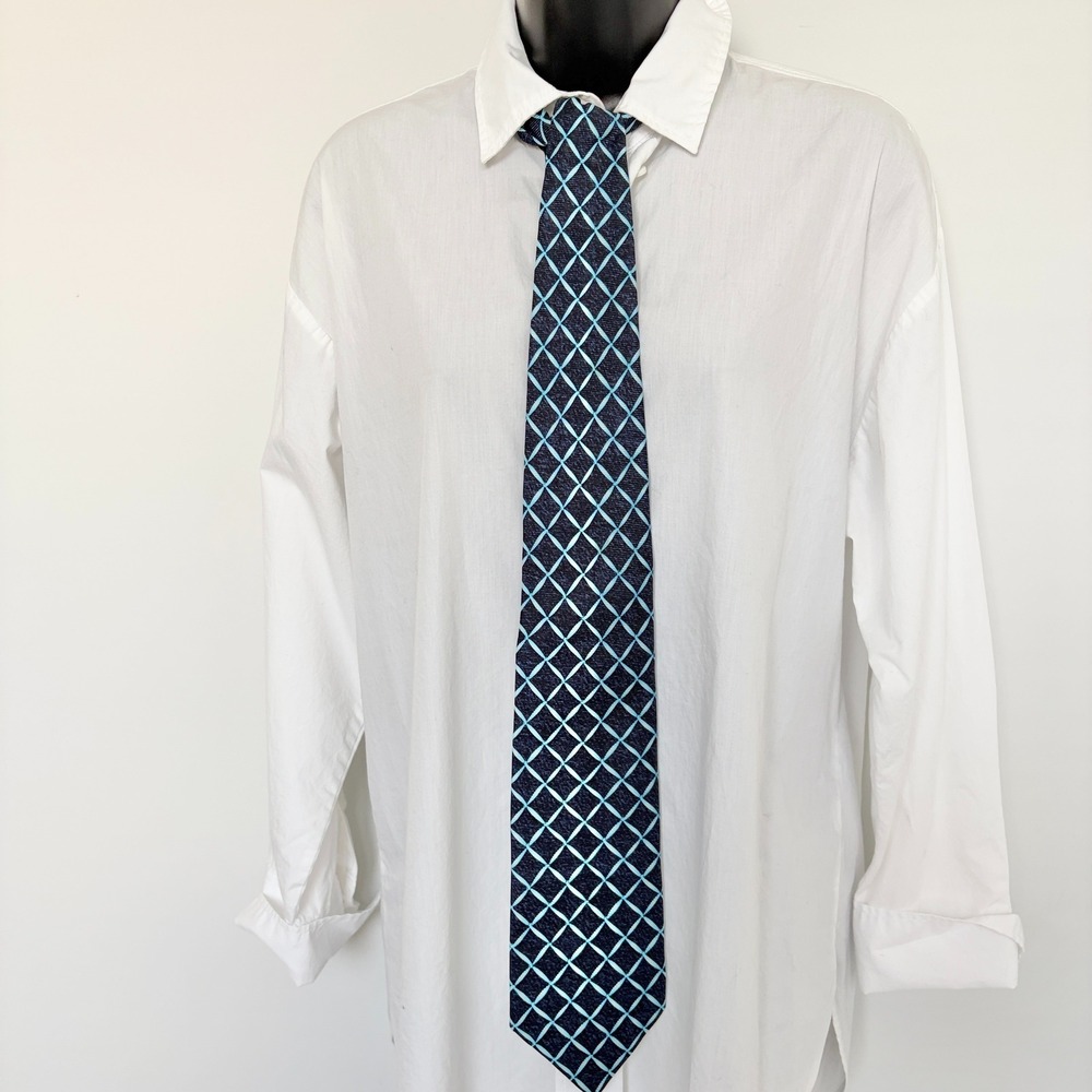 BVLGARI Silk Necktie Geometric Lattice Pattern OS Navy Light Blue
